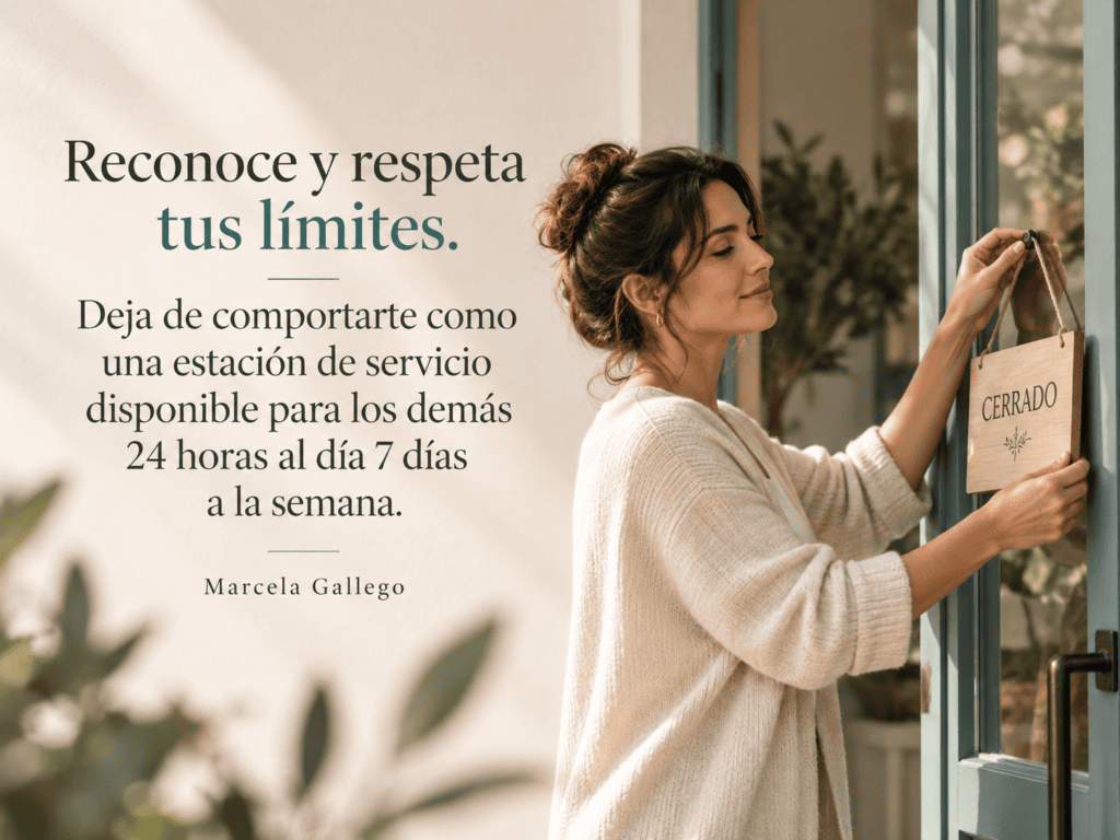 Una mujer cuelga un cartel que dice «cerrado» en una puerta; el texto en español de la izquierda anima a reconocer y respetar los límites personales, citando a Marcela Gallego, al tiempo que advierte contra la parálisis por análisis y el darle demasiadas vueltas a las cosas antes de actuar.