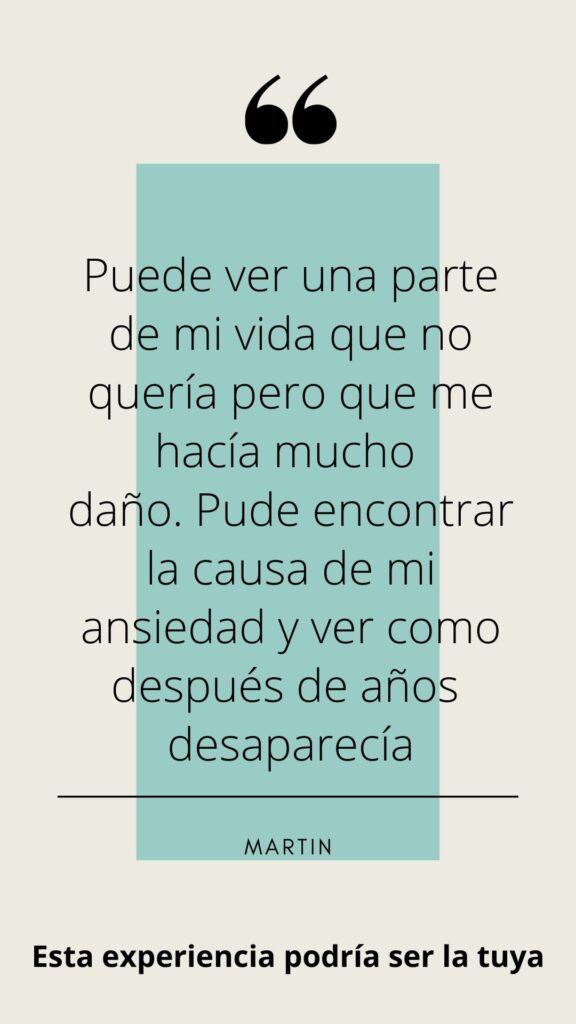 Texto citando a Martin sobre experiencias personales con ansiedad y daño emocional, destacando la transformación de sus emociones tras años de búsqueda. Texto al pie: "Esta experiencia podría ser la tuya".