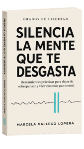 Portada del libro «Silencia la mente que te desgasta», de Marcela Gallego Lopera, con texto en negro y turquesa sobre fondo blanco. También se ven los subtítulos y el nombre de la autora, en los que se destacan técnicas para gestionar las emociones de forma saludable.