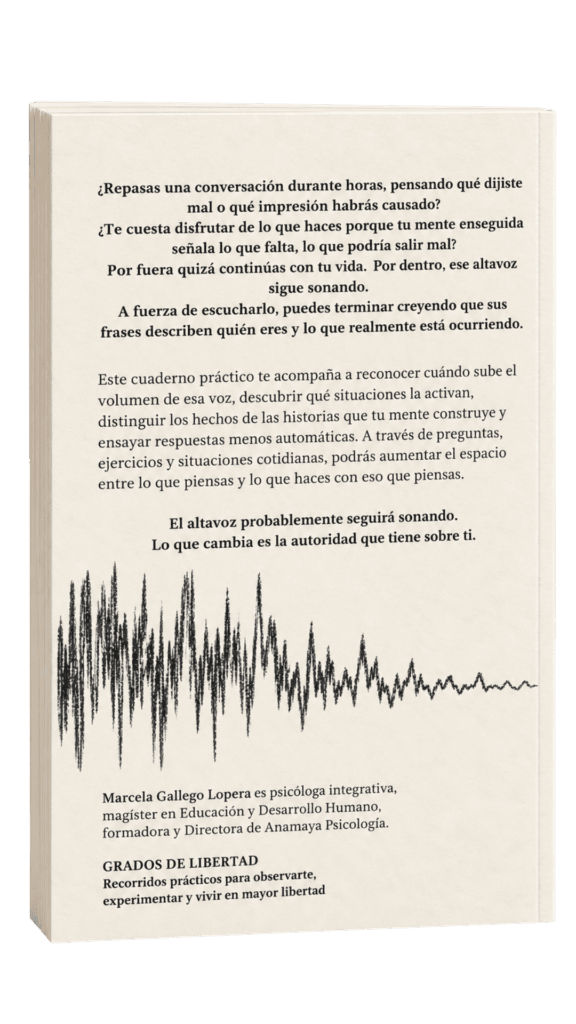 Portada de un libro en la que aparece un texto en español sobre darle demasiadas vueltas a las cosas y la percepción de uno mismo, con un gráfico de ondas sonoras en la parte inferior y el título «Grados de Libertad», de Camila Galeano López, en la sección inferior. El diseño insinúa sutilmente cómo «aprender a gestionar las emociones» puede transformar nuestra narrativa interna.