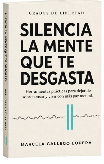 Portada del libro «Silencia la mente que te desgasta», de Marcela Gallego Lopera, con texto en negro y turquesa sobre fondo blanco. También se ven los subtítulos y el nombre de la autora, en los que se destacan técnicas para gestionar las emociones de forma saludable.