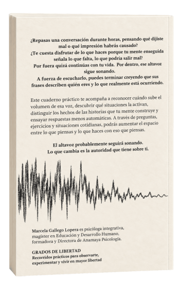 Portada de un libro en la que aparece un texto en español sobre darle demasiadas vueltas a las cosas y la percepción de uno mismo, con un gráfico de ondas sonoras en la parte inferior y el título «Grados de Libertad», de Camila Galeano López, en la sección inferior. El diseño insinúa sutilmente cómo «aprender a gestionar las emociones» puede transformar nuestra narrativa interna.
